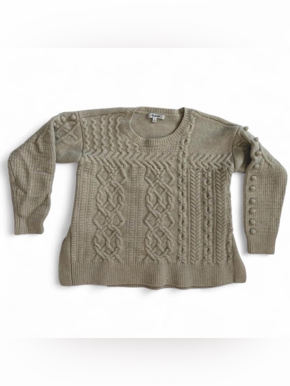 Madewell 100% Merino Wool Aran Cable Knit Bobble Pullover Sweater Medium Oatmeal